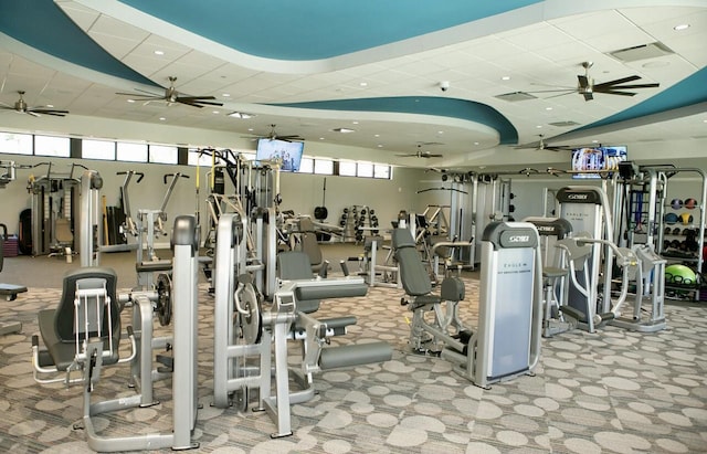 exercise room with a ceiling fan and carpet