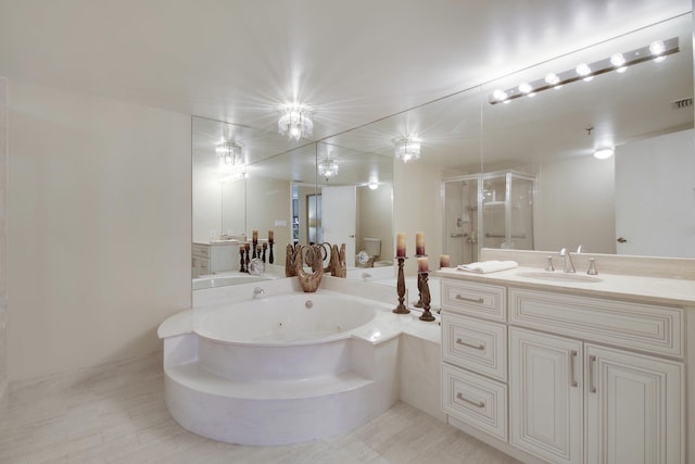 full bath with a whirlpool tub, a stall shower, visible vents, and vanity