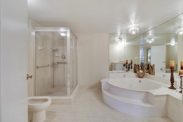 full bath featuring a stall shower, a bidet, and a bath