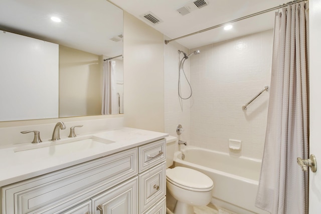 bathroom with toilet, shower / tub combo, vanity, and visible vents