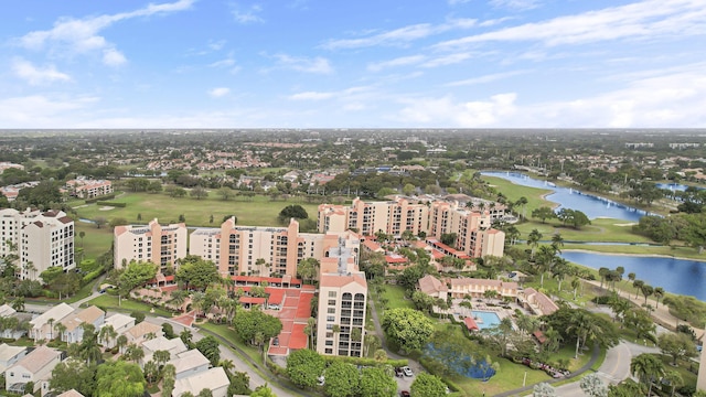 aerial view featuring a water view and a city view