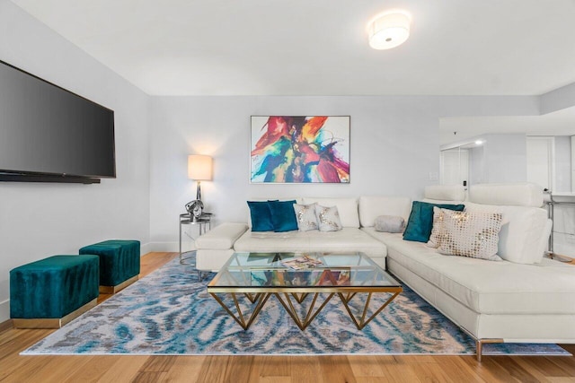 living area featuring wood finished floors and baseboards