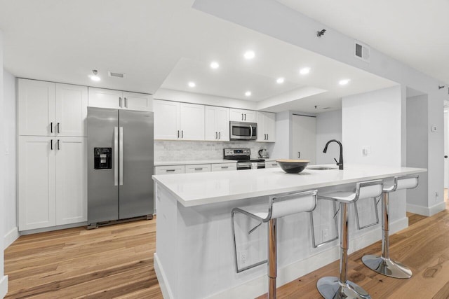 kitchen featuring visible vents, appliances with stainless steel finishes, white cabinets, a sink, and light wood-type flooring