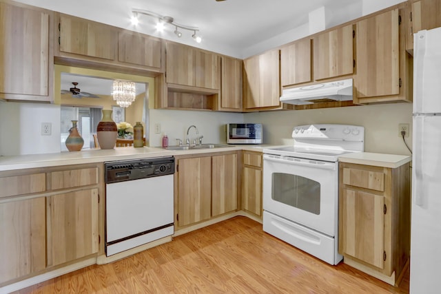 kitchen with light wood finished floors, light countertops, a sink, white appliances, and under cabinet range hood