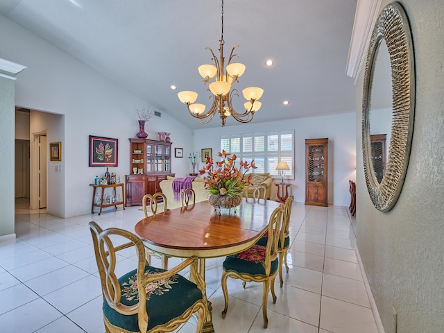 dining space with light tile patterned floors, high vaulted ceiling, an inviting chandelier, and recessed lighting