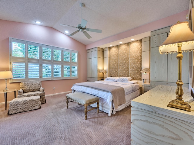 carpeted bedroom with a ceiling fan, baseboards, lofted ceiling, recessed lighting, and a textured ceiling