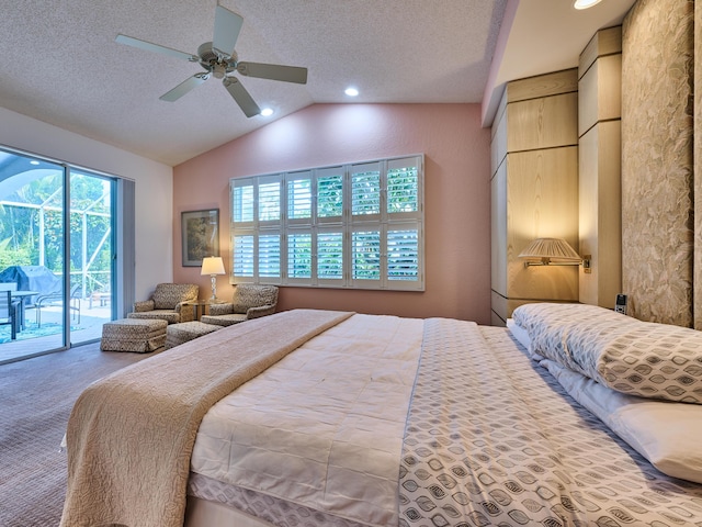 bedroom with a ceiling fan, access to outside, a textured ceiling, carpet floors, and lofted ceiling