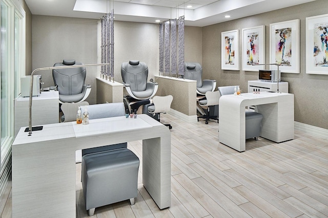 home office featuring recessed lighting, baseboards, and wood finished floors