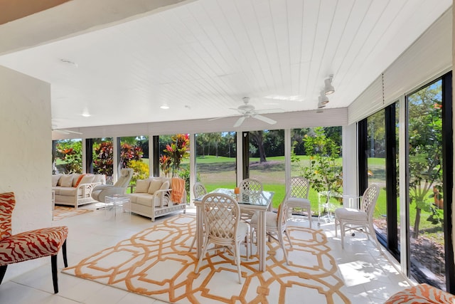 sunroom / solarium featuring ceiling fan and wooden ceiling