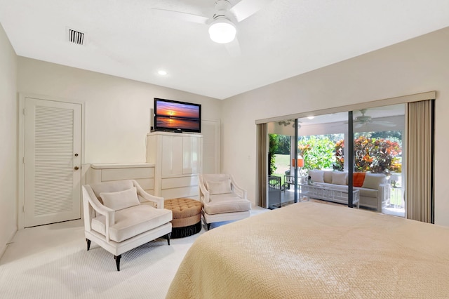 bedroom with carpet, recessed lighting, visible vents, ceiling fan, and access to outside