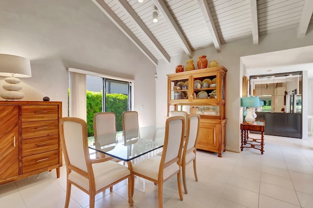 dining room featuring lofted ceiling with beams and wooden ceiling