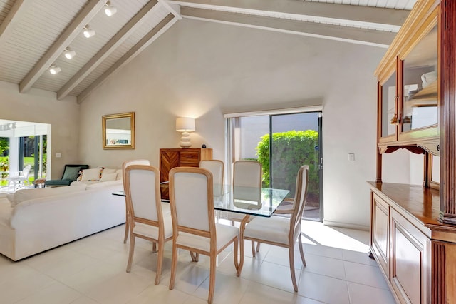 dining area featuring high vaulted ceiling, wood ceiling, rail lighting, and beamed ceiling