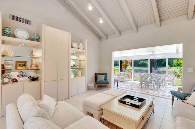 living room featuring light tile patterned floors, high vaulted ceiling, wooden ceiling, visible vents, and beam ceiling