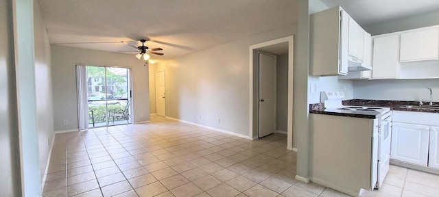 kitchen with ceiling fan, white electric range, a sink, range hood, and dark countertops