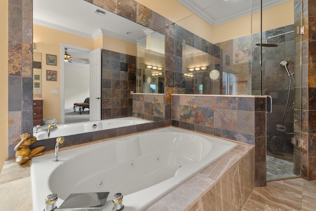 bathroom with crown molding, a stall shower, and a whirlpool tub