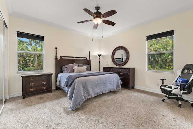 carpeted bedroom featuring ceiling fan, baseboards, and ornamental molding