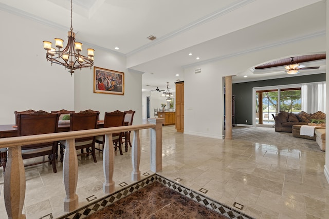 dining room featuring baseboards, visible vents, recessed lighting, crown molding, and a chandelier