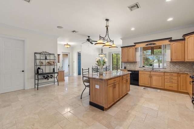 kitchen with visible vents, a breakfast bar, backsplash, stone counters, and dishwasher