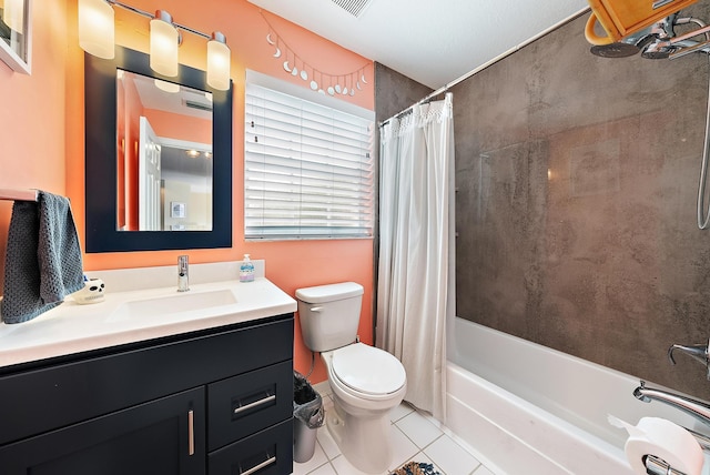 full bath featuring toilet, tile patterned flooring, shower / bathtub combination with curtain, and vanity