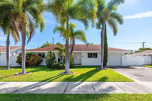 ranch-style home featuring stucco siding, concrete driveway, a front yard, a gate, and a garage