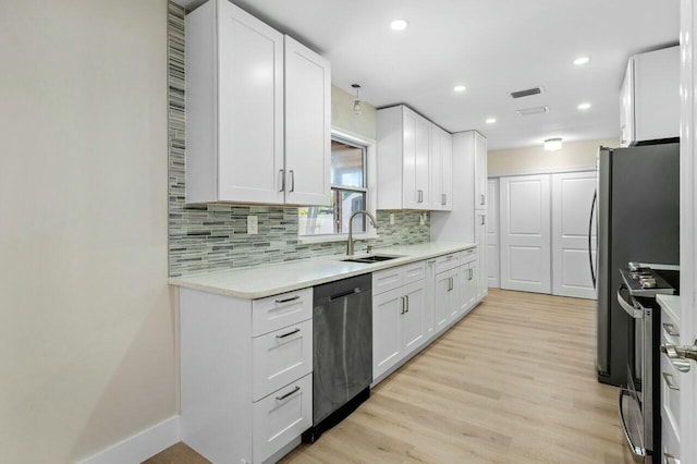 kitchen with appliances with stainless steel finishes, white cabinets, a sink, and backsplash