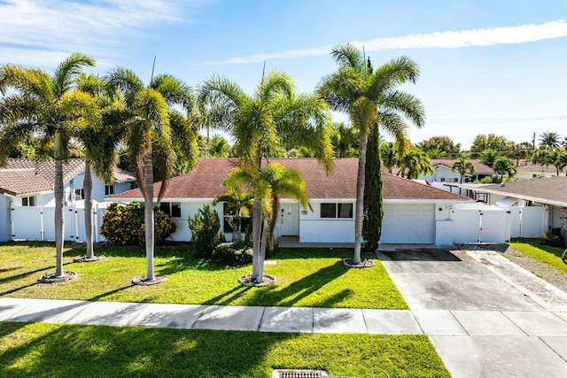 single story home featuring stucco siding, a gate, a garage, driveway, and a front lawn