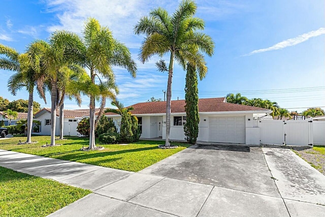 ranch-style house with a garage, a gate, concrete driveway, and a front yard