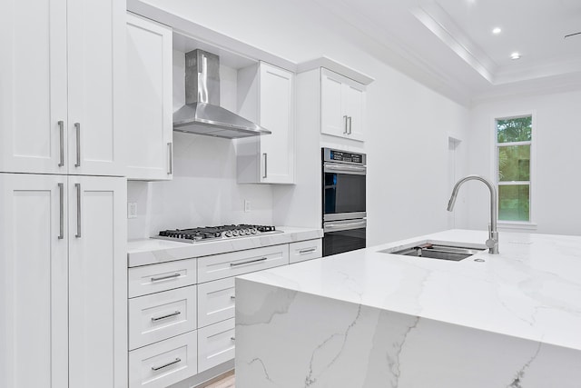 kitchen with stainless steel appliances, a sink, light stone counters, and wall chimney exhaust hood