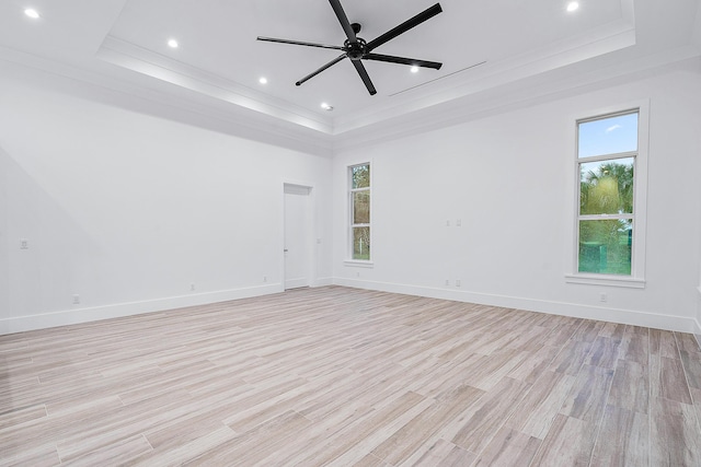 spare room featuring light wood-type flooring, a tray ceiling, plenty of natural light, and a ceiling fan