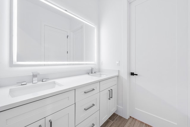 bathroom featuring double vanity, wood finished floors, and a sink