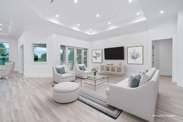 living area with ornamental molding, a raised ceiling, and a high ceiling