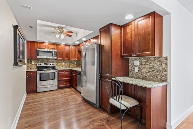 kitchen with light wood-type flooring, a ceiling fan, light stone counters, a tray ceiling, and appliances with stainless steel finishes