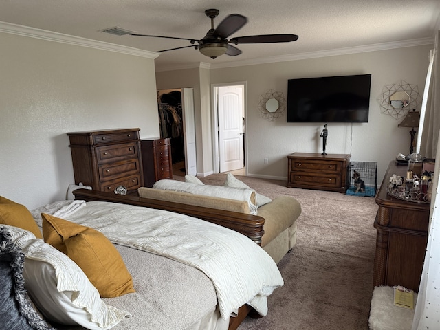 bedroom featuring carpet, visible vents, and crown molding