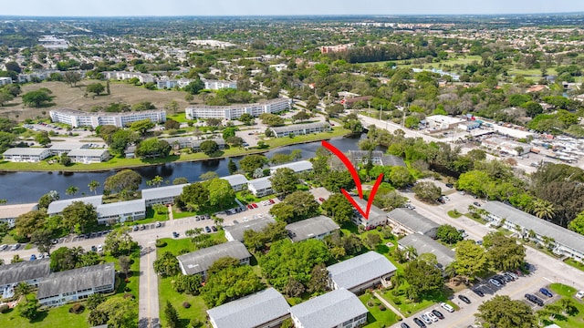 aerial view featuring a water view