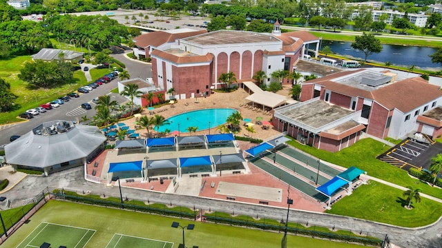 aerial view featuring a residential view and a water view