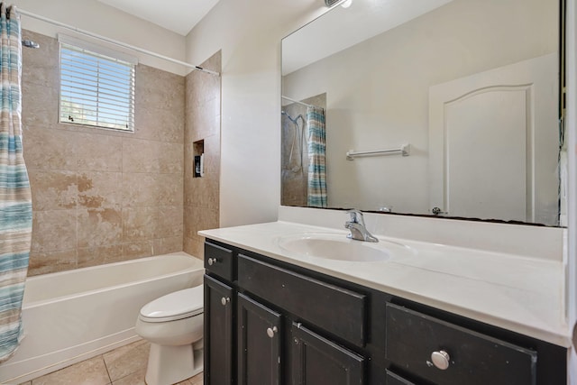 bathroom with toilet, shower / tub combo, tile patterned flooring, and vanity