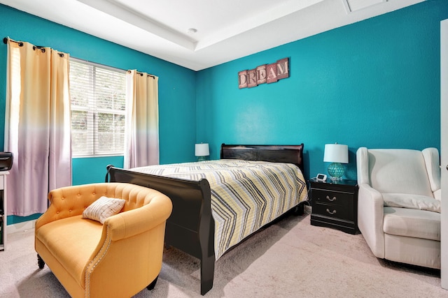 carpeted bedroom with a tray ceiling