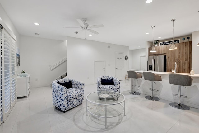 living room featuring stairs, recessed lighting, visible vents, and ceiling fan