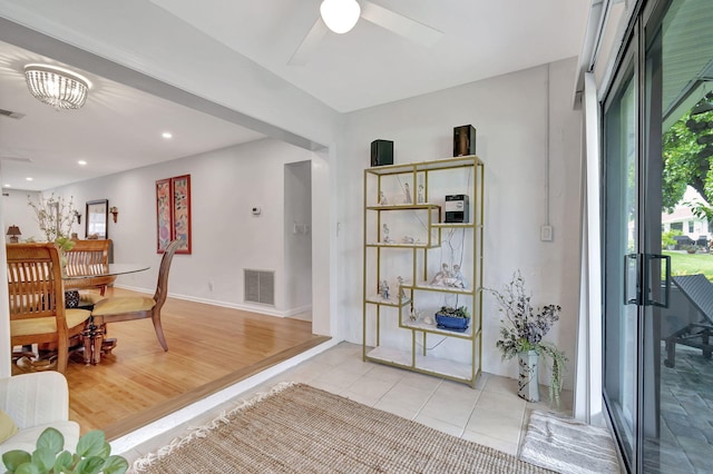 interior space featuring visible vents, ceiling fan, recessed lighting, and baseboards