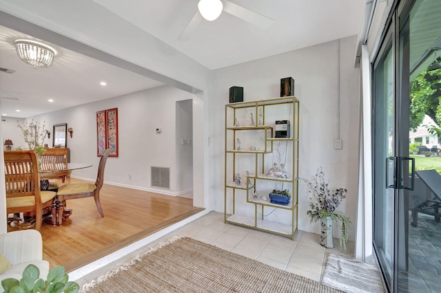 dining space featuring ceiling fan, tile patterned flooring, recessed lighting, visible vents, and baseboards