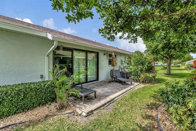back of property featuring a patio, stucco siding, and a lawn
