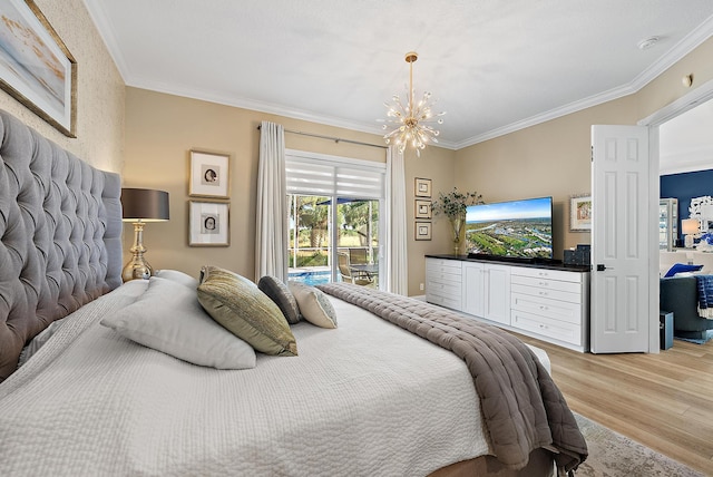 bedroom with crown molding, a notable chandelier, and light wood-type flooring