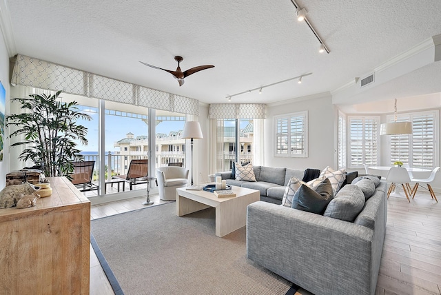 living area featuring a textured ceiling, ornamental molding, wood finished floors, and visible vents