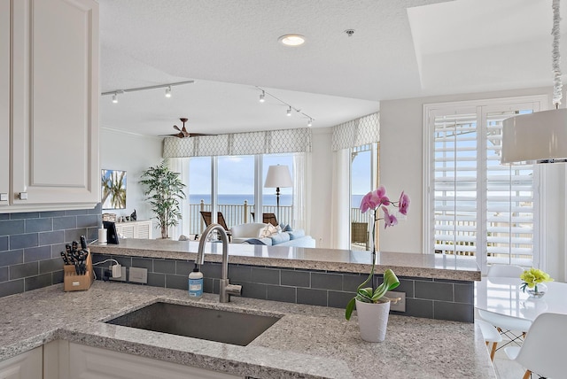 kitchen featuring a textured ceiling, a sink, a wealth of natural light, and decorative backsplash