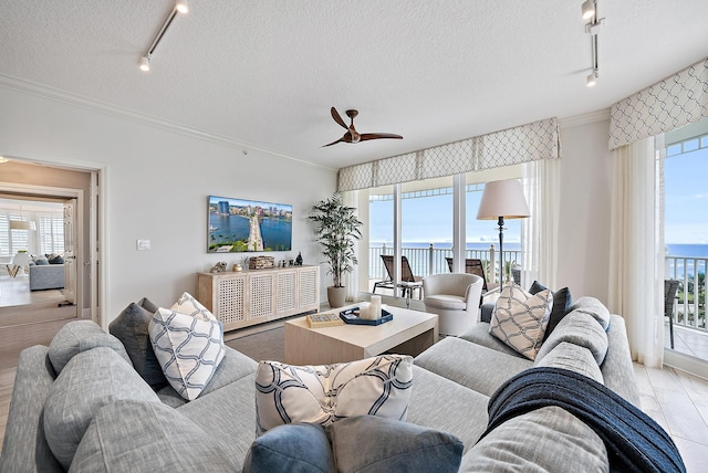 living area featuring ornamental molding, rail lighting, ceiling fan, and a textured ceiling