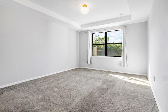 empty room with carpet, a raised ceiling, and baseboards