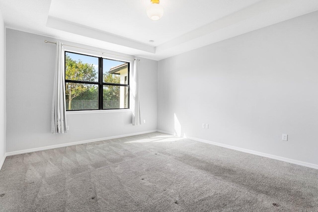 carpeted spare room featuring baseboards and a raised ceiling