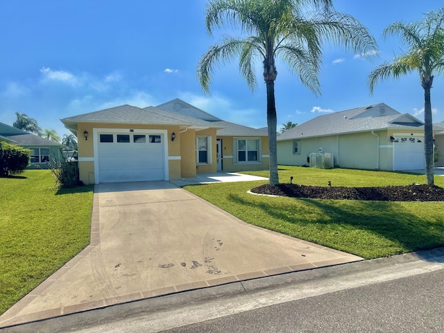 ranch-style home with a garage, a front yard, driveway, and stucco siding