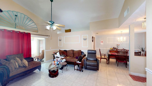 413 European Ln, Fort Pierce, FL 34982 - living area with tile patterned floors, visible vents, ceiling fan with notable chandelier, and baseboards