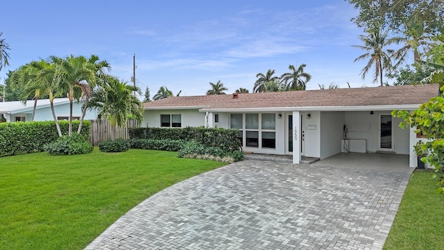 single story home featuring a front yard, fence, and stucco siding